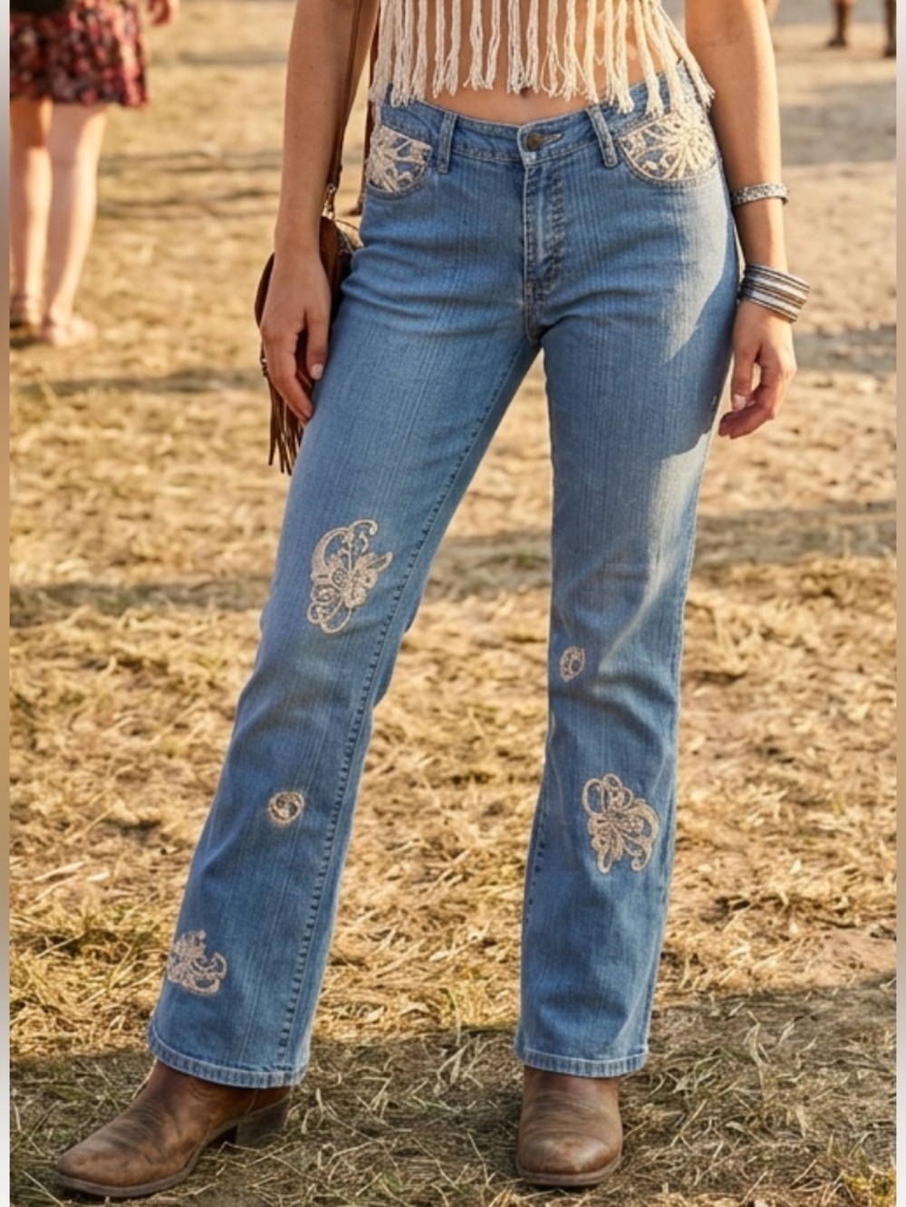 Vintage Bill Blass Embroidered Distressed Denim Jeans Boho Western Festival
